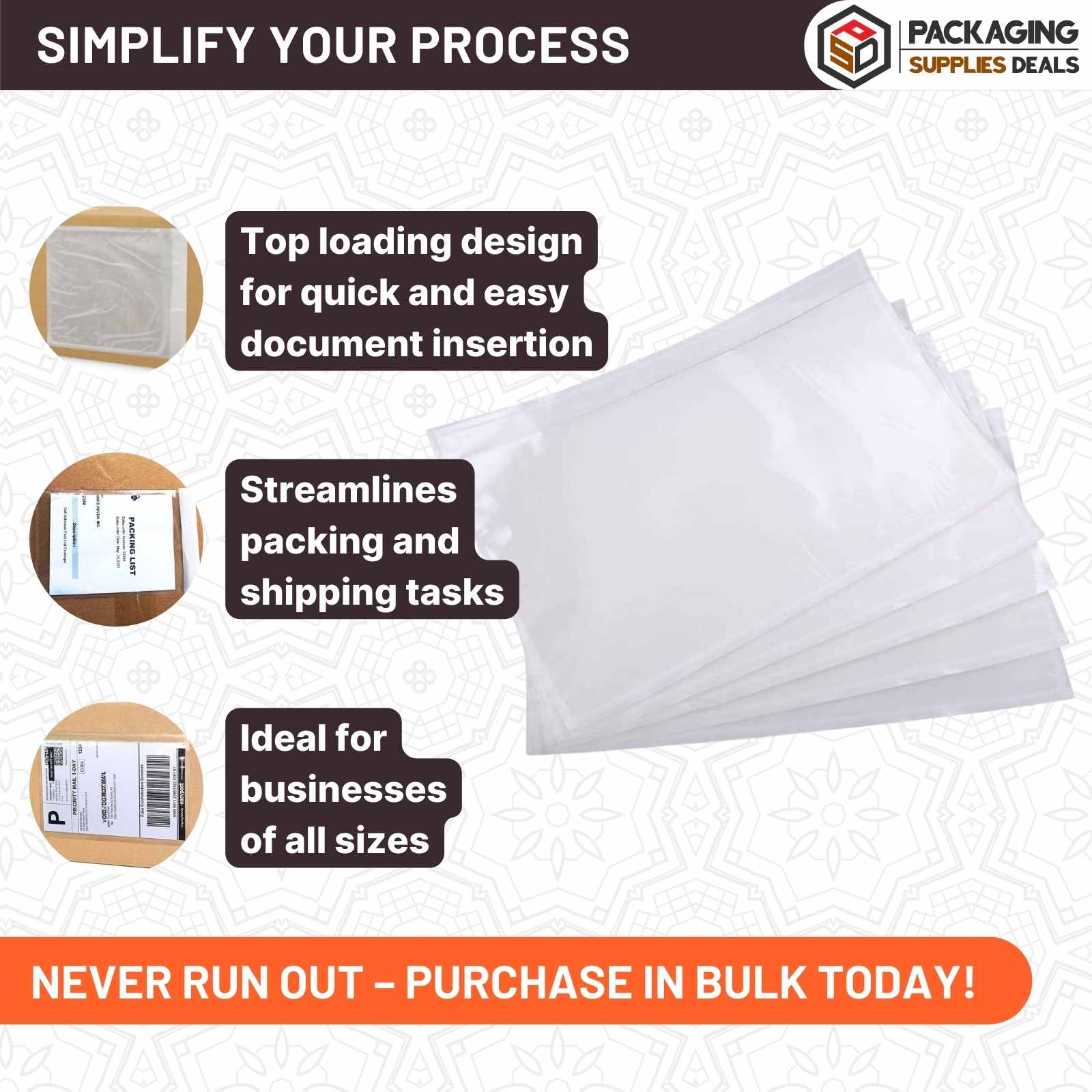 Case of 1000 clear packing list envelopes, each measuring 7.5 x 5.5 inches.