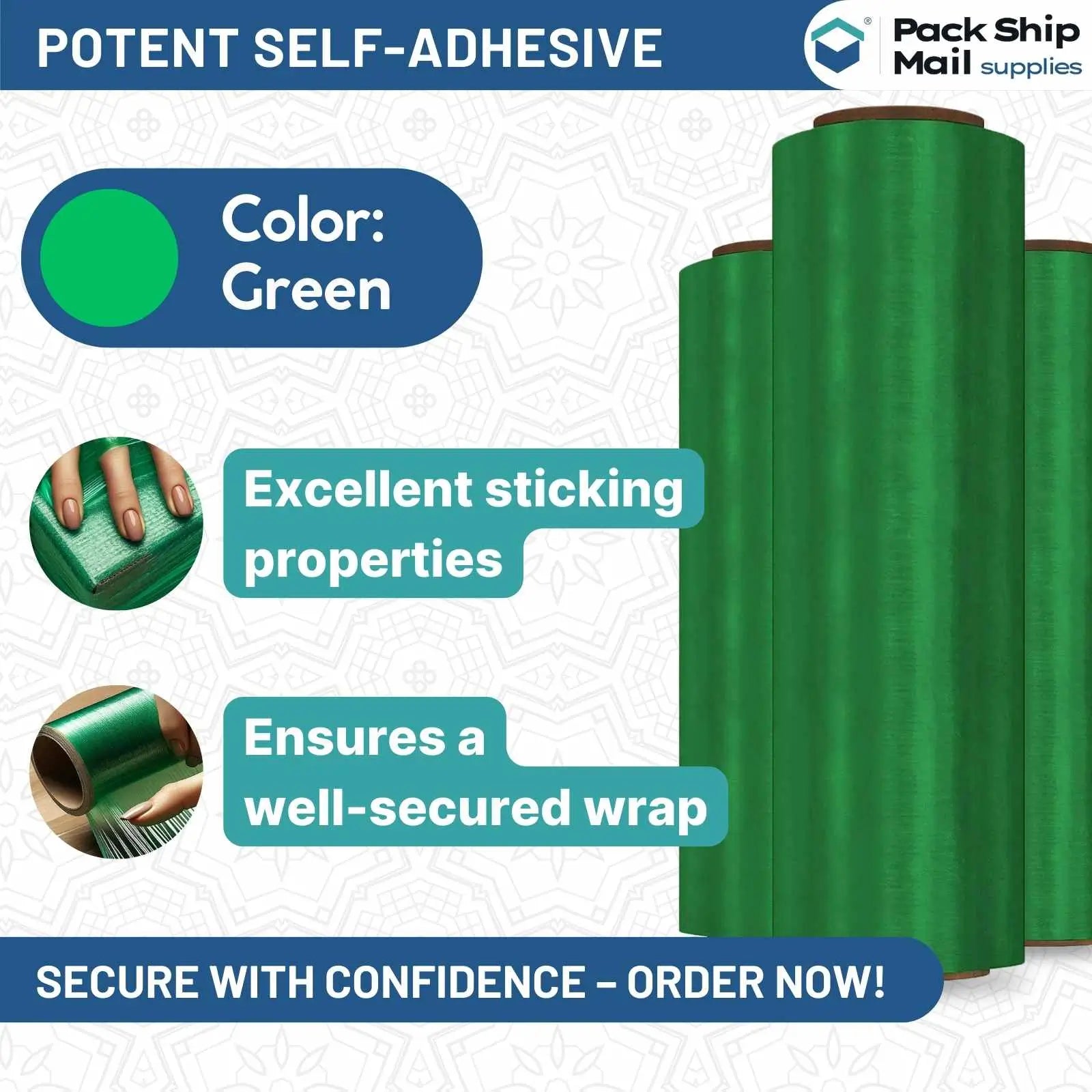 Four rolls of 18-inch by 1000-feet 85 gauge blown stretch green film, neatly packaged in a case.