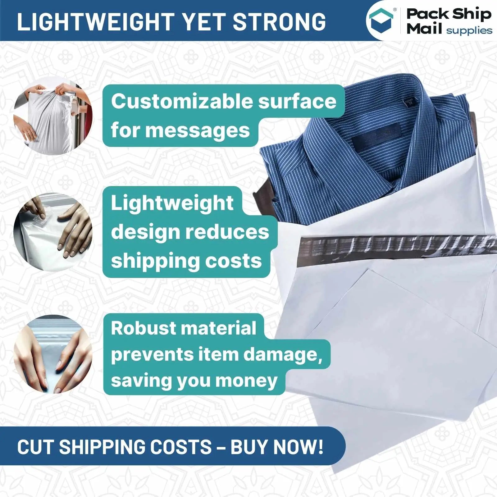 Twenty-five 24" x 24" poly mailers efficiently packed in a case, showcasing their expansive design and capability for securely shipping large or multiple items.
