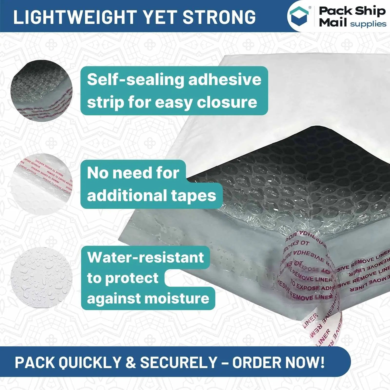 Image of 5 by 9-inch #00 Self-Seal White Poly Bubble Mailers, packaged in a case of 50.