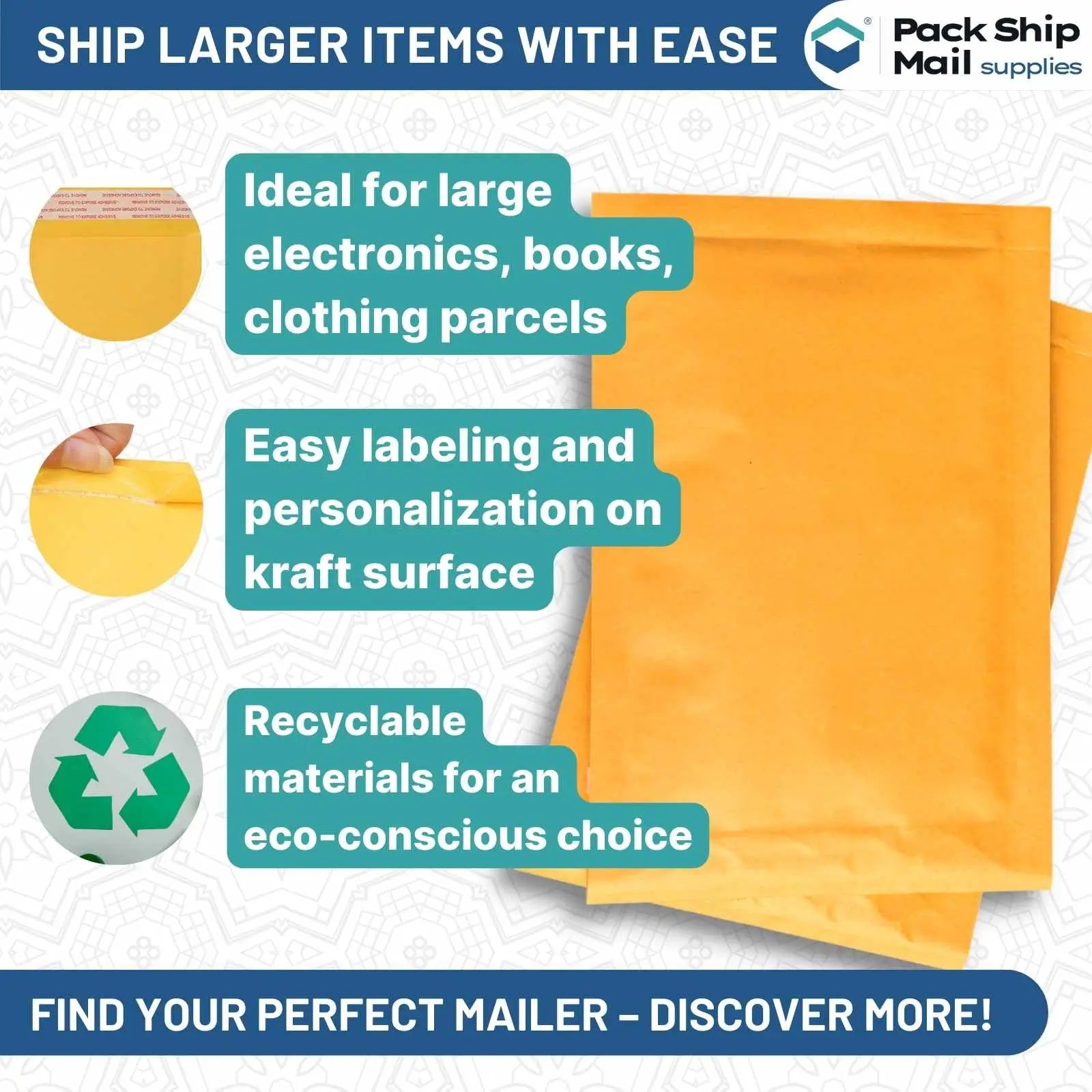 Image of 9.5 x 14.5-inch #4 Self-Seal Kraft Bubble Mailers, 25 Per Case - Packaging Supplies for Shipping and Mailing.