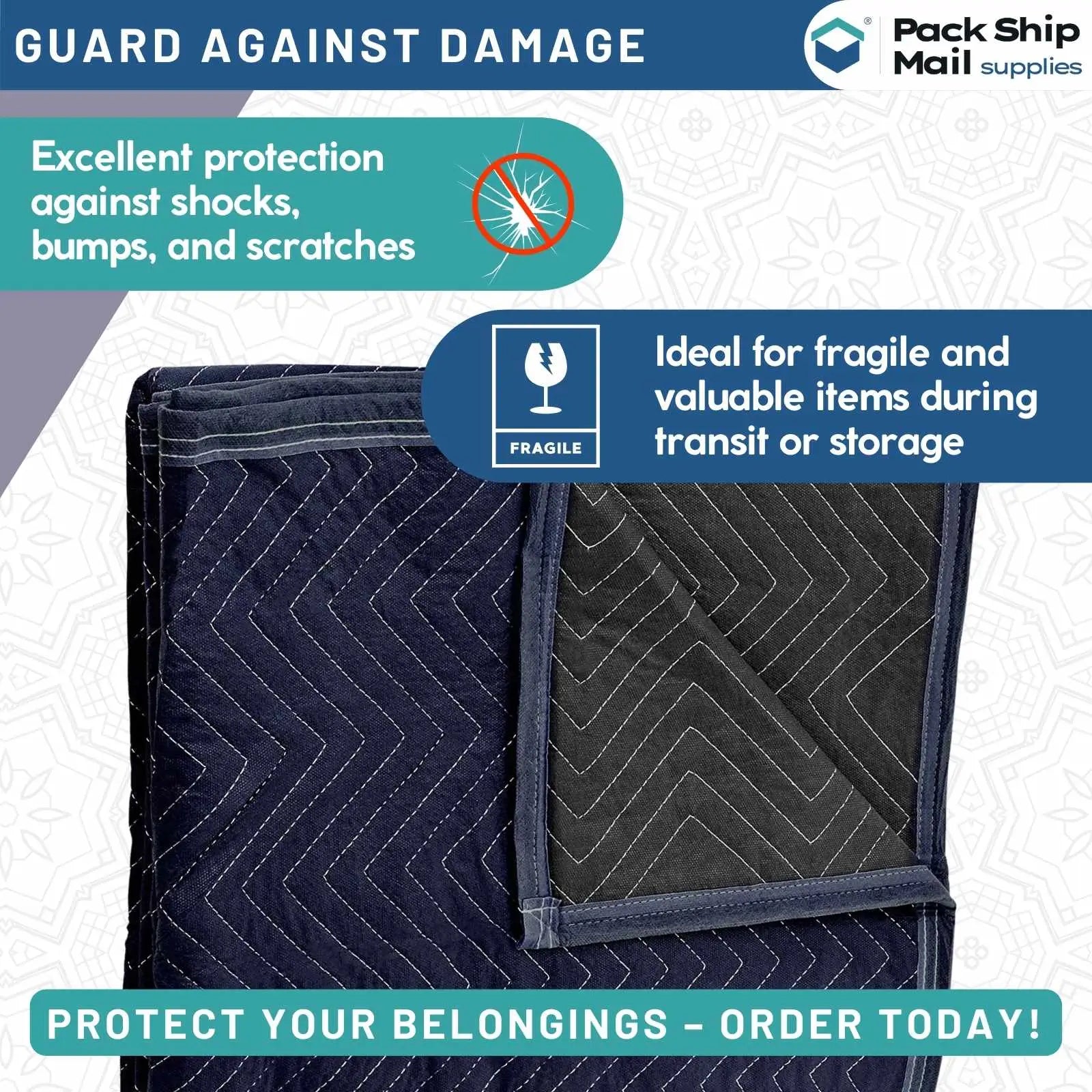 The image showcases a single, heavy-duty moving blanket in a stylish dark blue and black color combination, measuring 72" x 80" and weighing 65 pounds, making it an excellent choice for maximum protection during your move.