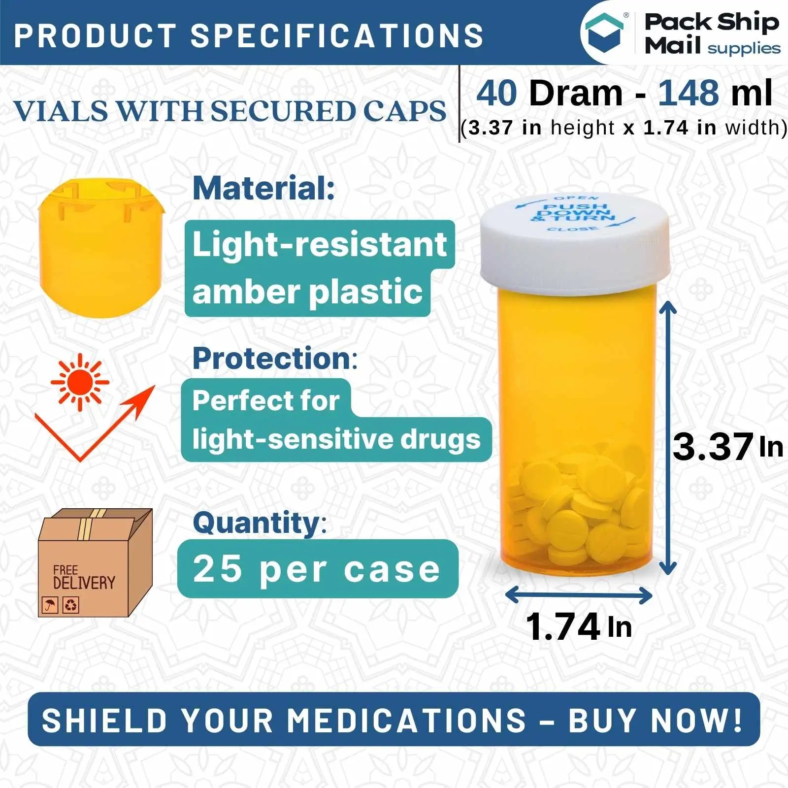 Image of 25 amber vials with child-resistant caps, each holding 40 dram. These vials are packaged in a case.
