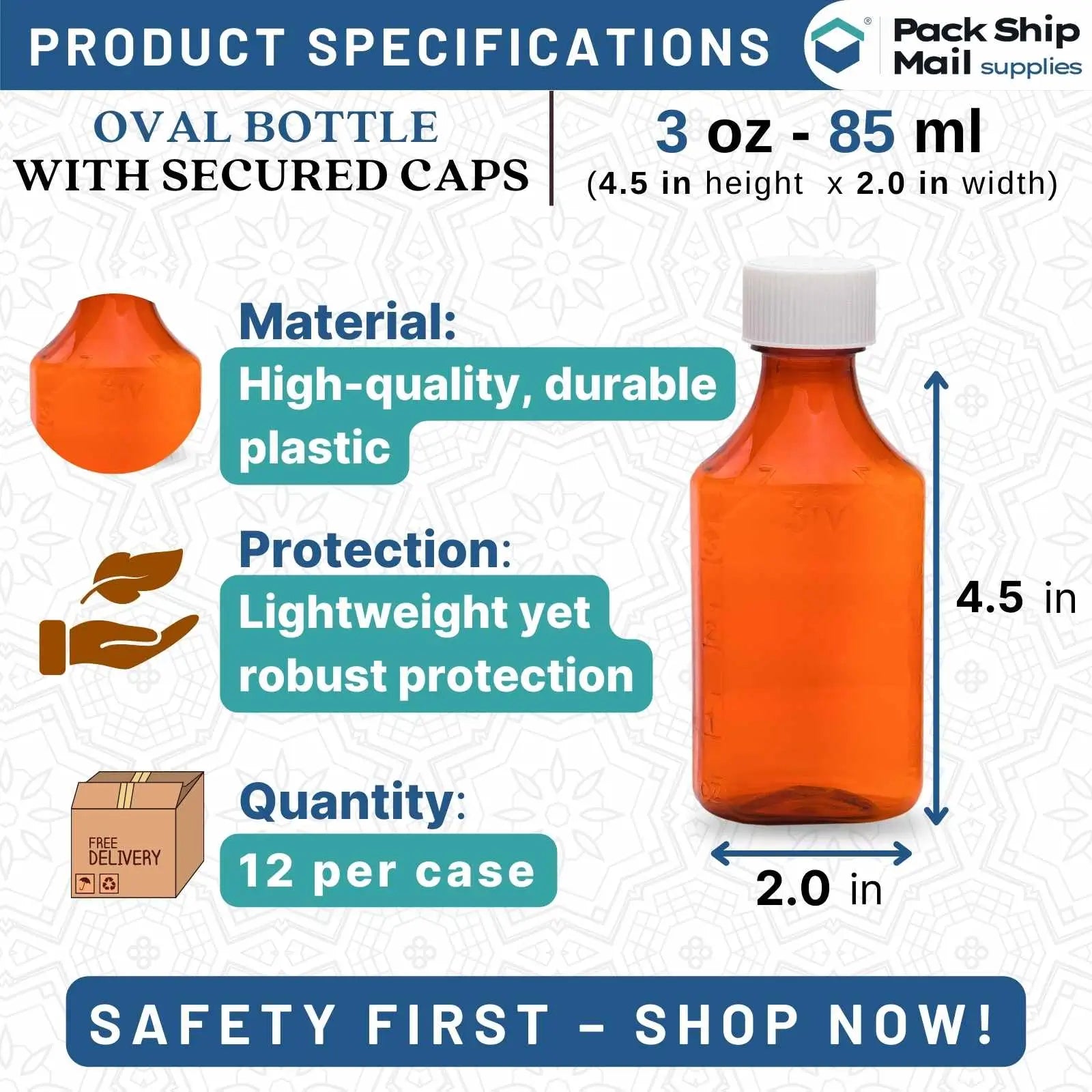 Twelve 3 oz amber oval bottles with child-resistant caps, presented to emphasize their capacity, safety features, and the quantity per case, ideal for securely storing liquids needing protection from light.