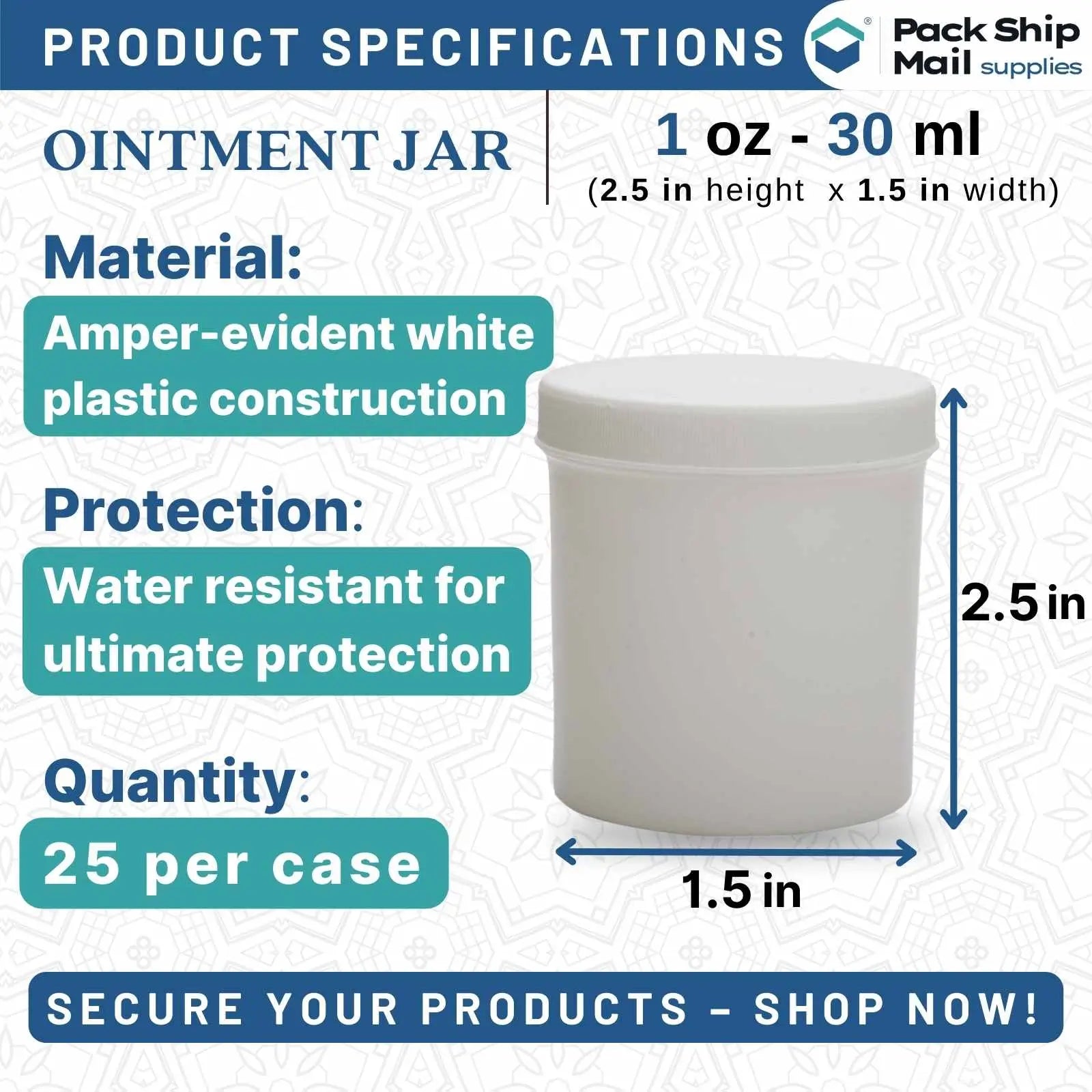 The image showcases a set of 25 one-ounce white ointment jars, neatly packaged and ready for use.
