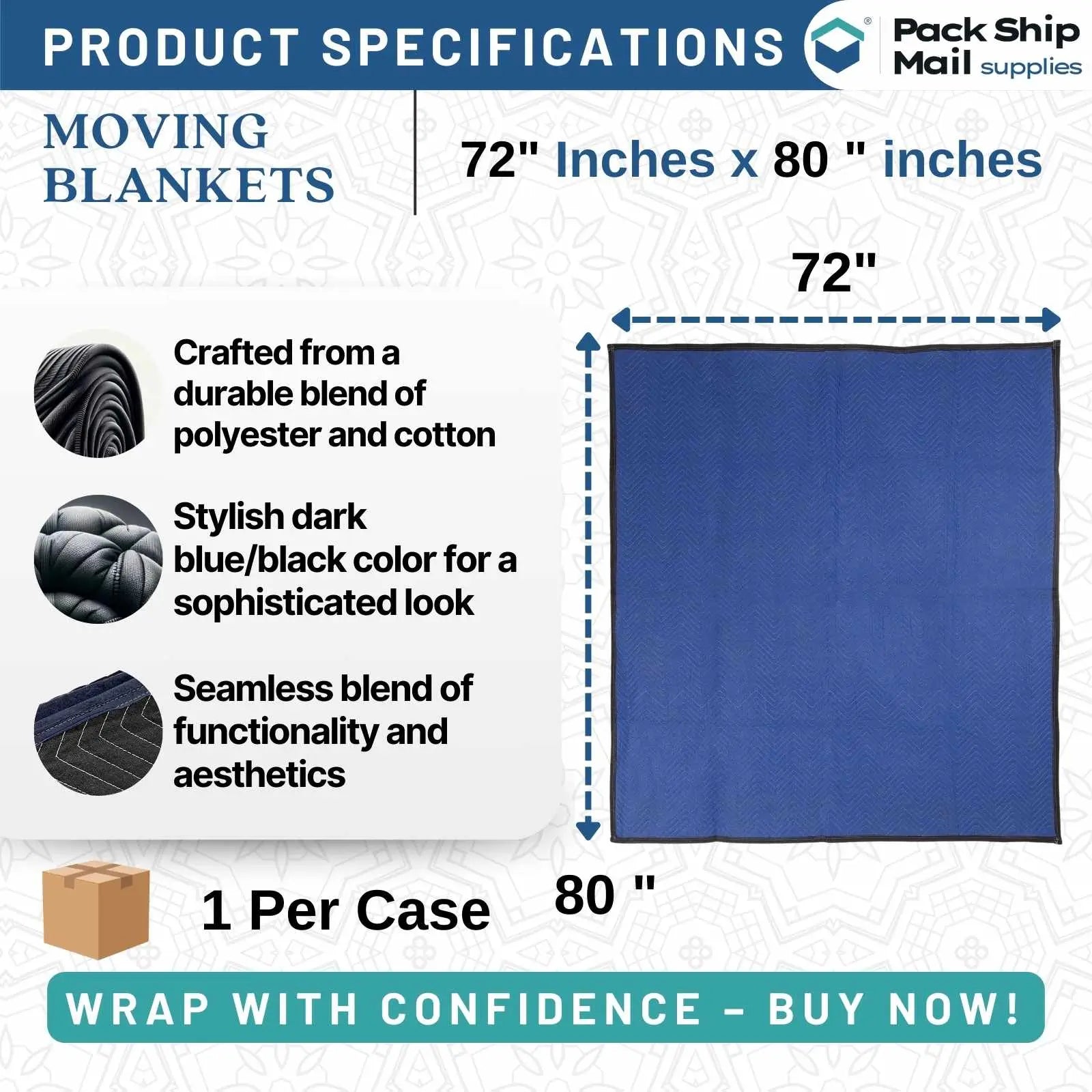 The image showcases a single, heavy-duty moving blanket in a stylish dark blue and black color combination, measuring 72" x 80" and weighing 65 pounds, making it an excellent choice for maximum protection during your move.