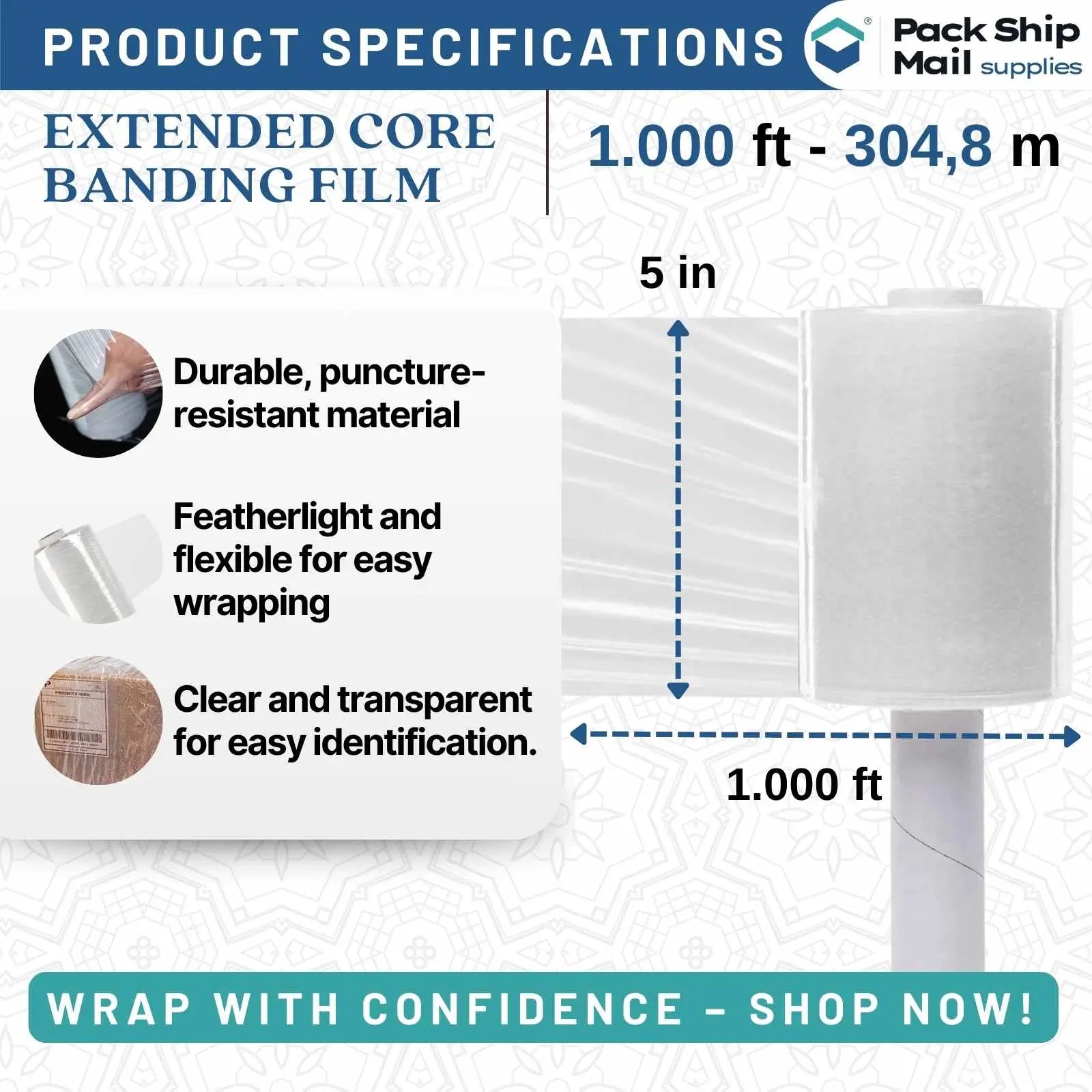 5" x 1000 Feet 80 Gauge Extended Core Stretch Film 12 Rolls Per Case
