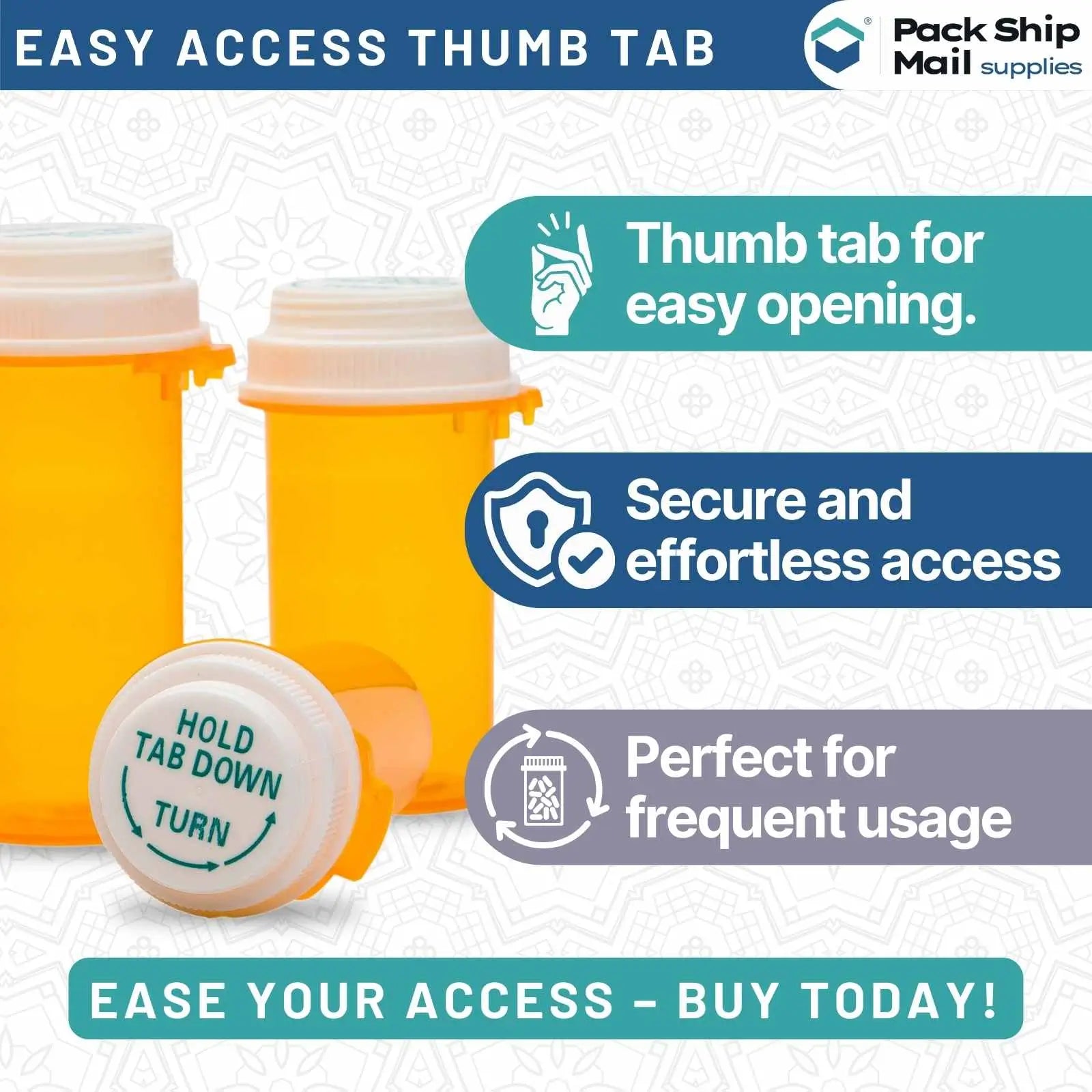 The image showcases a case containing 10 Dram Amber Thumb Tab Reversible Cap Vials, with 25 vials in total.