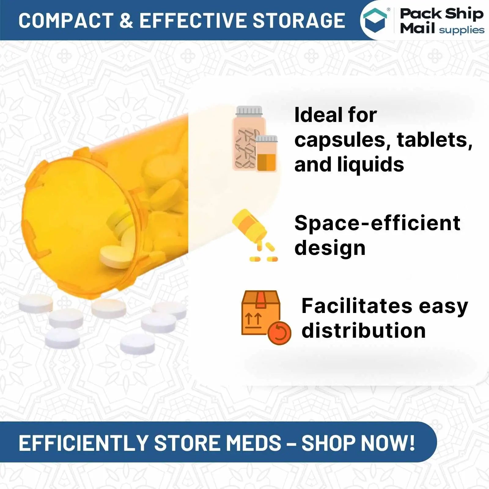 Image of 25 amber vials with child-resistant caps, each holding 40 dram. These vials are packaged in a case.