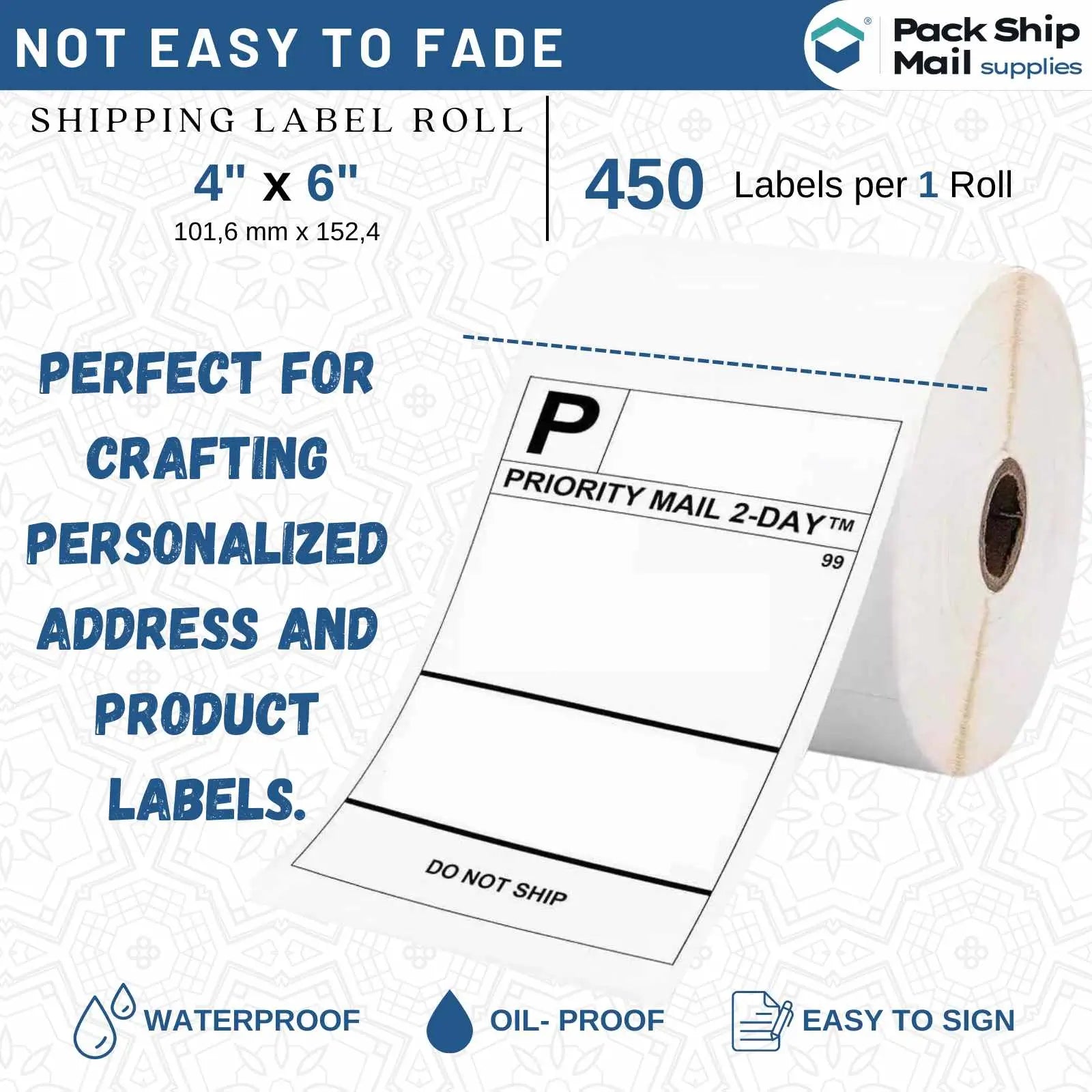 Nine rolls of 4-inch by 6-inch white direct thermal transfer labels, each on a 1-inch core, all contained in a single case.