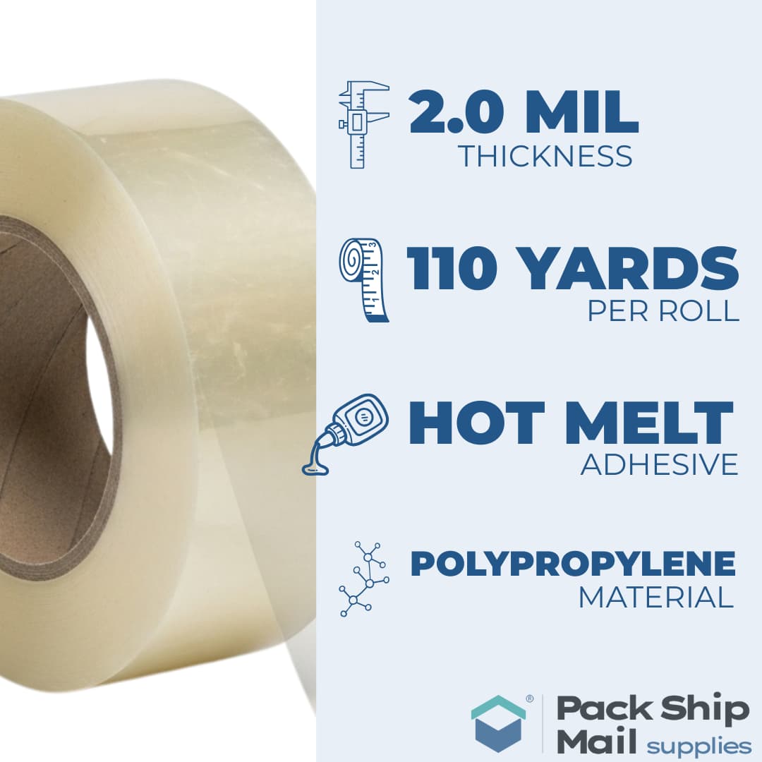An infographic detailing the technical specifications of our clear packing tape, including its MIL thickness and length per roll.